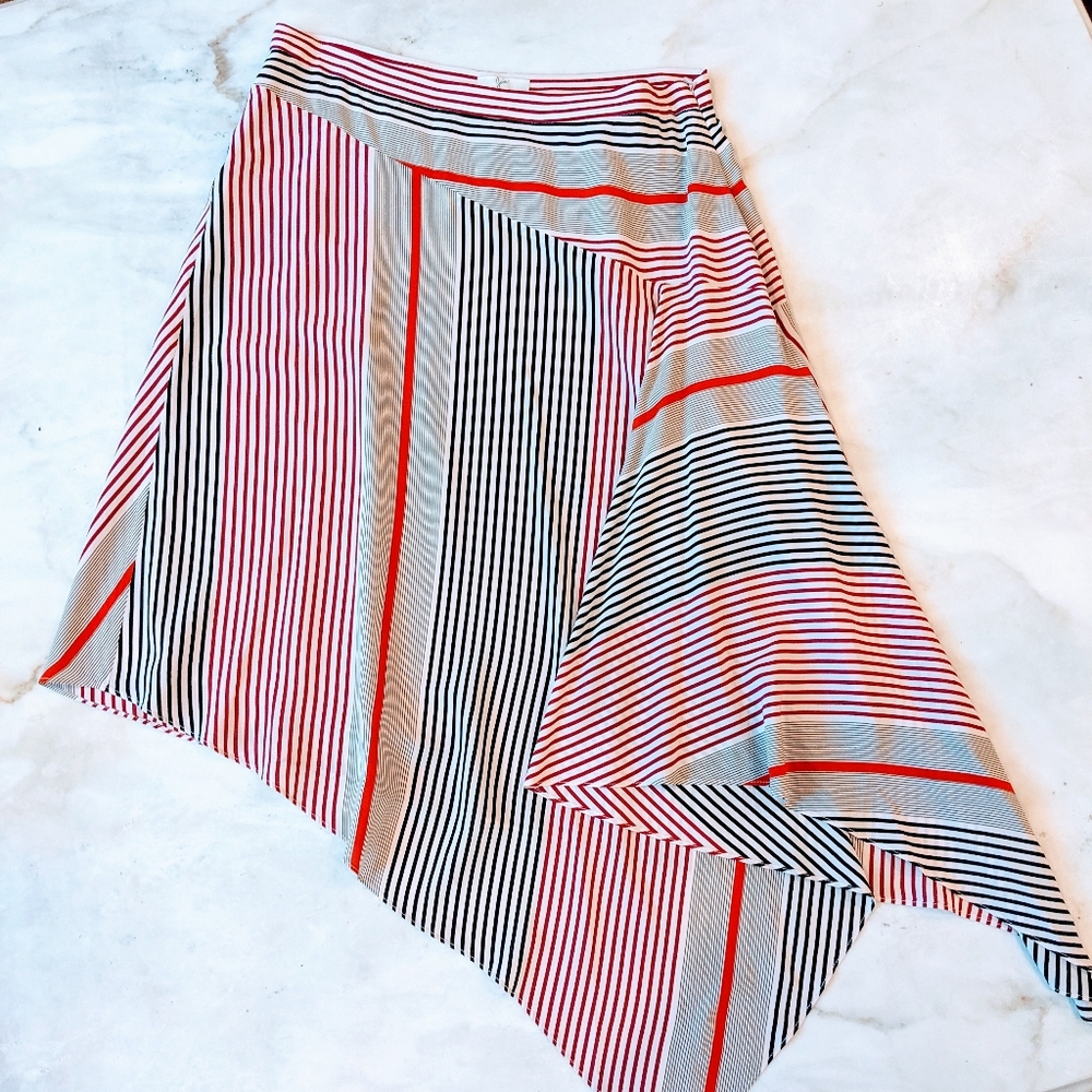 Asymmetrical striped skirt.